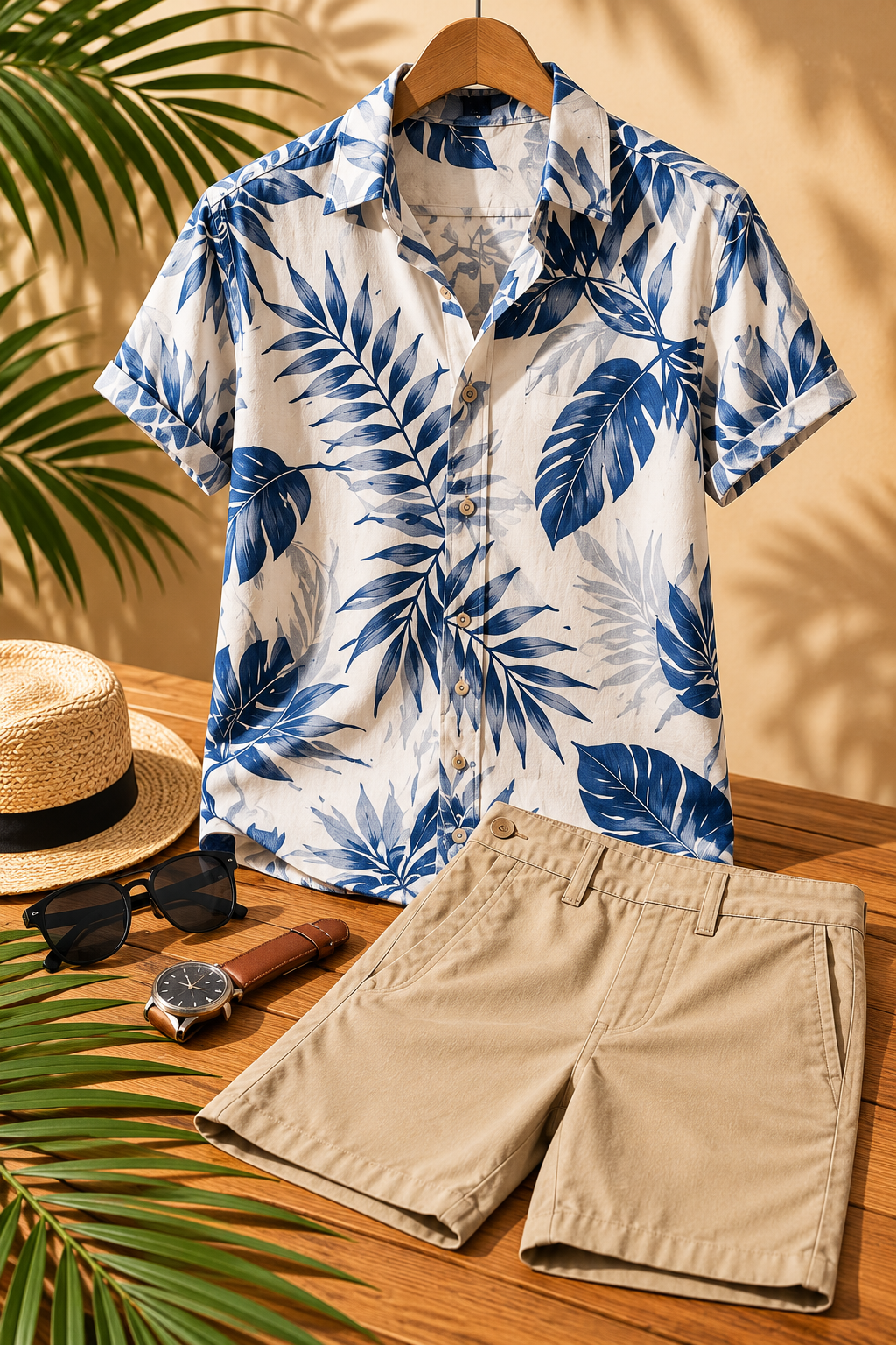 LUKE SAMPS #008  Men's Premium Tropical Floral Summer Shirt & Beige Shorts Set – Casual Beach Outfit