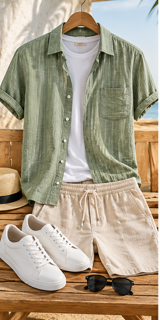 LUKE SAMPS #006 Men's Premium Sage Green Linen Summer Shirt & Shorts Set