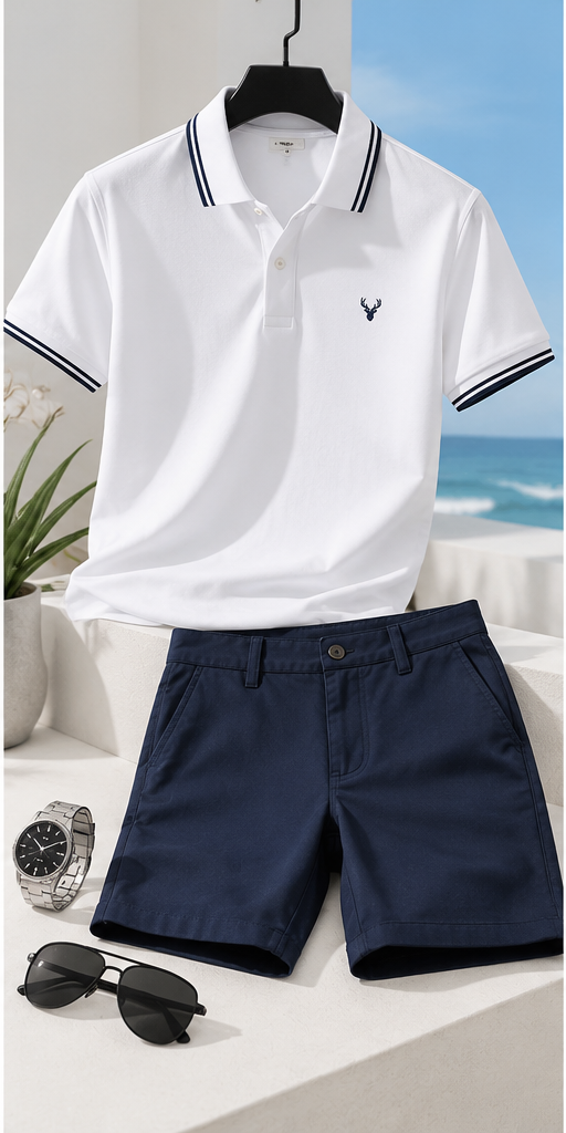 LUKE SAMPS #007 Men's Premium White Polo Shirt & Navy Blue Shorts – Classic Summer Outfit